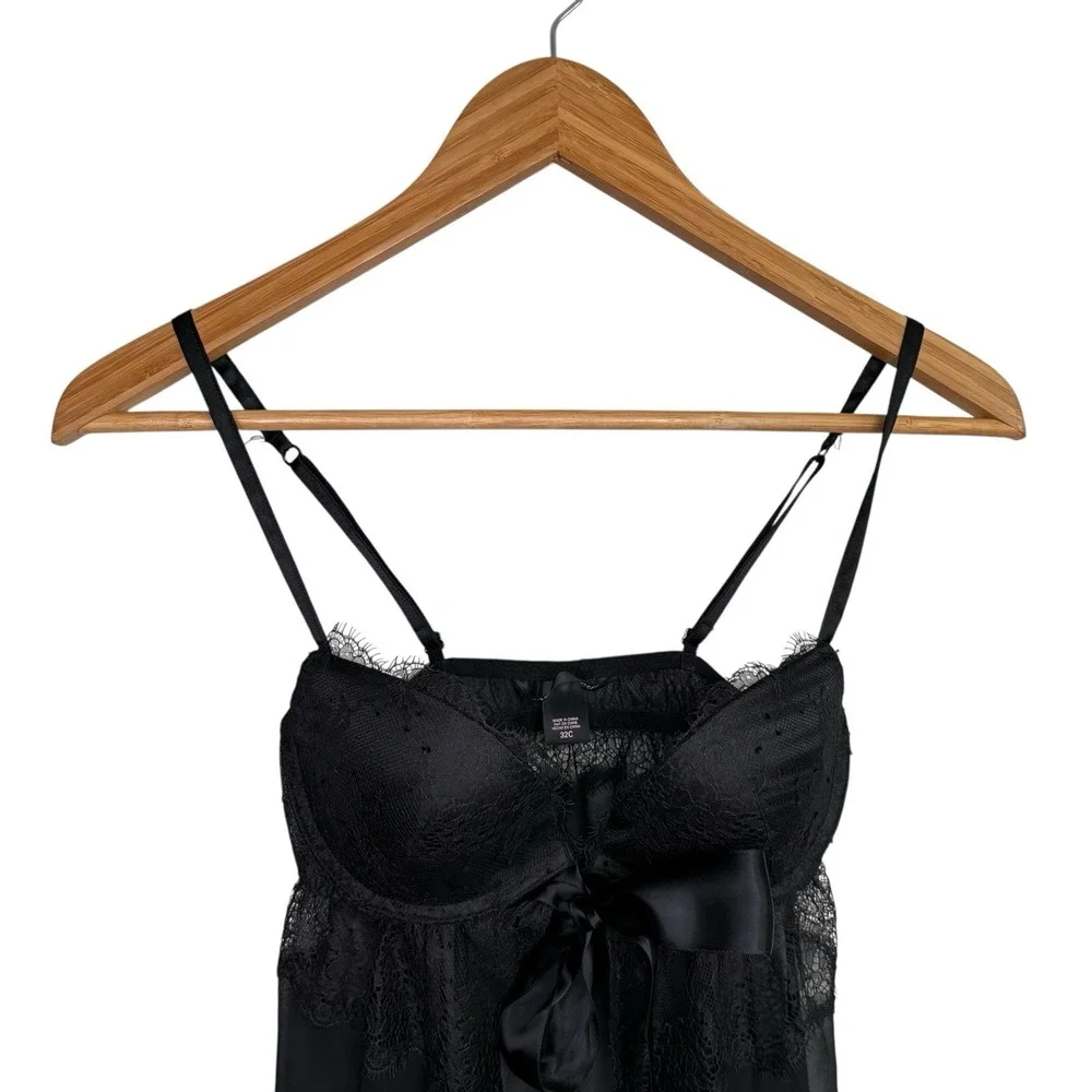 Victoria's Secret Women Babydoll Lingerie 32C Black Lace Bow Romantic Underwire